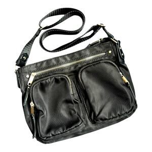 Black Nylon Crossbody Shoulder Bag Pockets Adjustable Strap